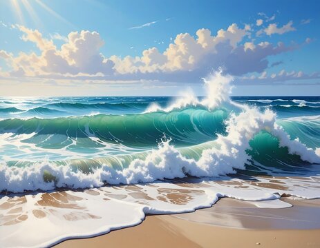 Sunny seascape depicting breaking waves on a sandy beach