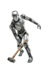 Naklejka premium Robot worker using a large sledgehammer. Demolition and construction concept