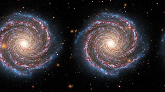 Two magnificent spiral galaxies with bright centers and luminous arms twisting through the dark expanse of space, filled with countless stars.