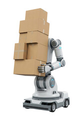 Mobile robot arm carrying tall stack of cardboard boxes. Warehouse automation