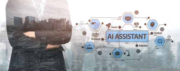 A professional businessman stands confidently in a modern urban setting, surrounded by graphics representing AI assistants and future technology solutions. Tessel