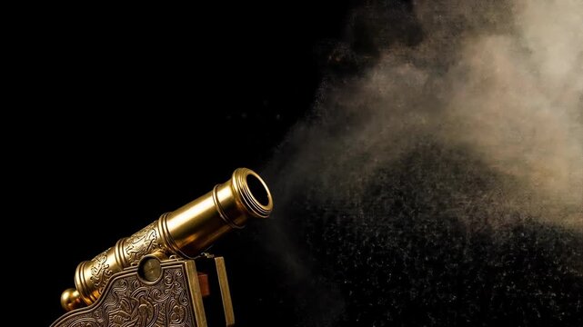 A detailed ornate golden cannon firing, emitting a cloud of smoke and particles against a dark background, showcasing historical weaponry.