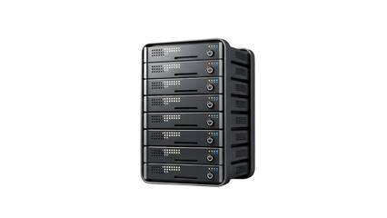 Black server tower with multiple disk drives and power buttons on front panel