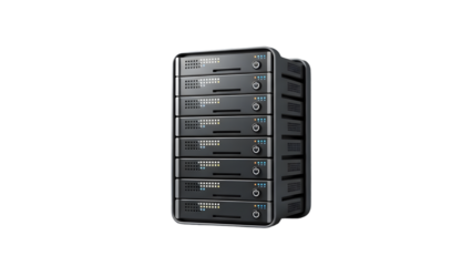 Black server tower with multiple disk drives and power buttons on front panel