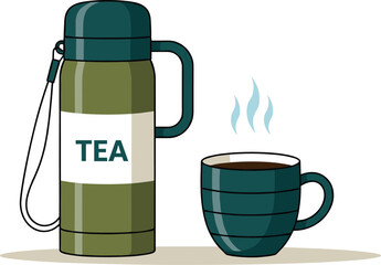 Insulated thermos flask with "TEA" label and a steaming hot mug flat design vector illustration, perfect for travel, outdoor activities, and beverage concepts.