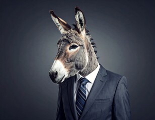Surreal image of a donkey head wearing a tailored suit