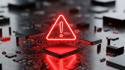 A close-up view of a computer circuit board with a red warning sign indicating a potential security threat or system failure.