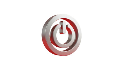 Red and silver power button symbol with circular design on white background