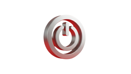 Red and silver power button symbol with circular design on white background