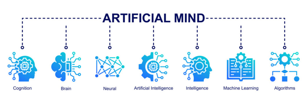 Artificial Mind web banner icon illustration featuring cognition, brain, neural networks, artificial intelligence, intelligence, machine learning, and algorithms
