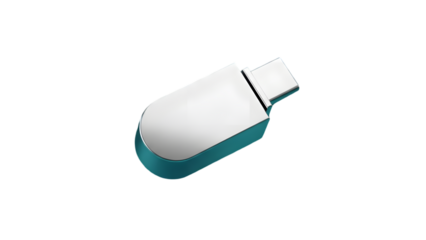 Teal and white usb flash drive on white background, modern technology storage device