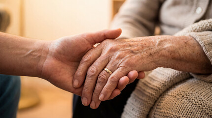 Caring hands holding each other, symbolizing compassion and support in warm environment