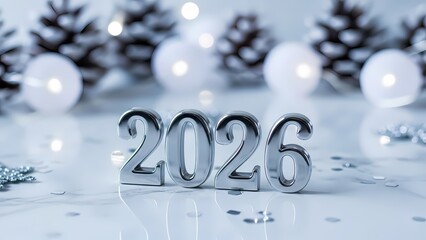 Silver 2026 numbers displayed on a festive background with pinecones, ornaments, and confetti.