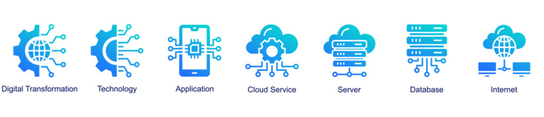 Obraz premium Digital Systems banner icon vector illustrating digital transformation through applications, cloud services, servers, databases, and internet technology