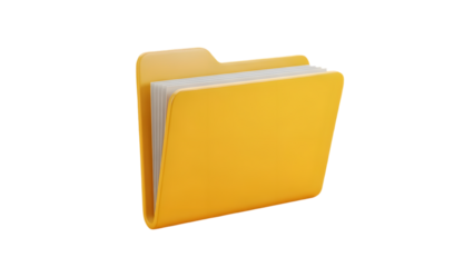 Yellow file organizer folder with white papers inside standing upright on plain white