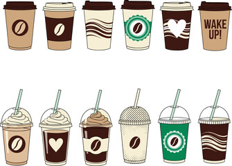 Large vector set of twelve disposable takeaway coffee cups, featuring cold and hot beverages with diverse bean logos, heart shapes, and "WAKE UP!" text for cafe design.