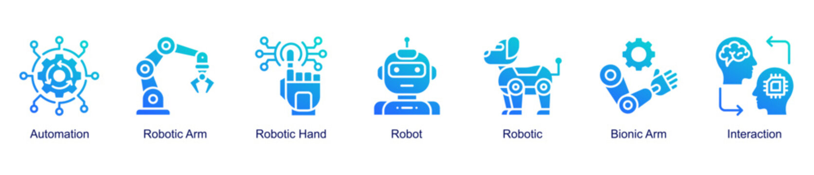 Smart Automation web banner icon set showing robotics, automation processes, bionic technology, and human&ndash;machine interaction