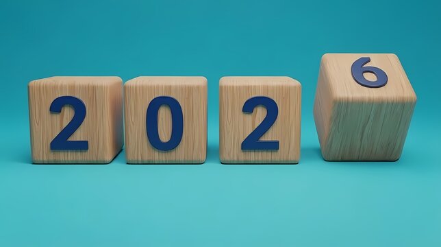 Wooden blocks displaying the numbers 2026 on a teal background - Powered by Adobe