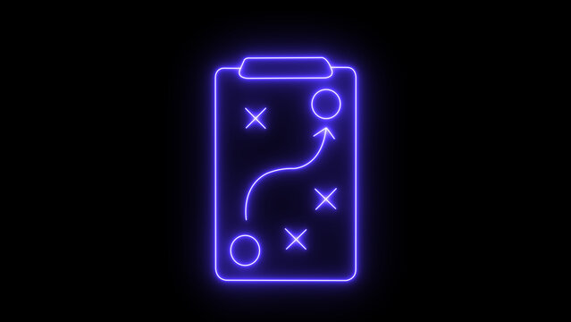 Tactical play diagram with an arrow showing movement on a clipboard, presented as a vibrant purple neon line art, isolated on black background representing strategy and planning