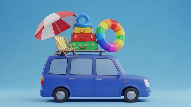 Car Packed for Vacation Luggage Umbrella Beach Chair Pool Float.