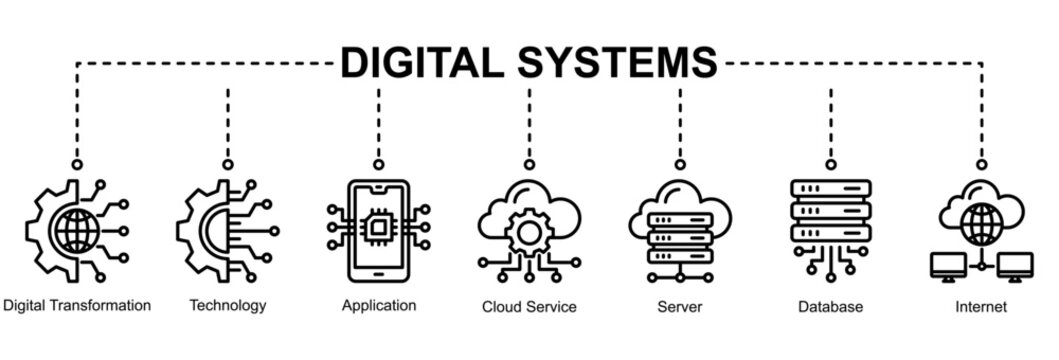 Digital Systems banner icon vector illustrating digital transformation through applications, cloud services, servers, databases, and internet technology