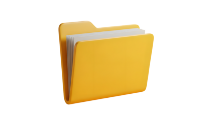 Yellow file folder with white papers standing upright on plain background