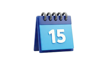 3D Calendar page with the number 15 on transparent background