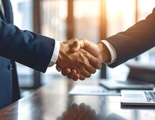 Two businesspeople shake hands, sealing a deal, with office in background