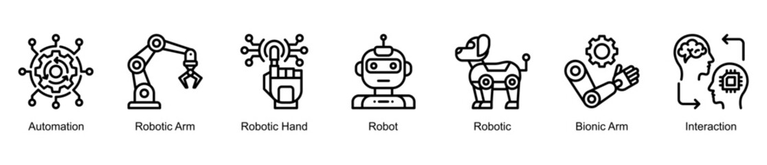 Obraz premium Smart Automation web banner icon set showing robotics, automation processes, bionic technology, and human–machine interaction