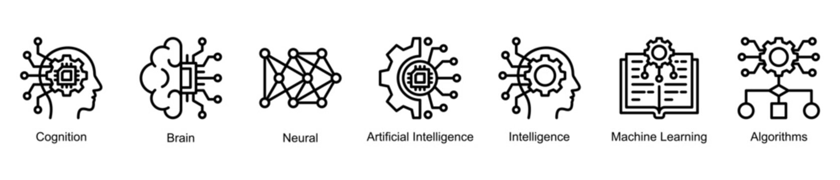 Artificial Mind web banner icon illustration featuring cognition, brain, neural networks, artificial intelligence, intelligence, machine learning, and algorithms