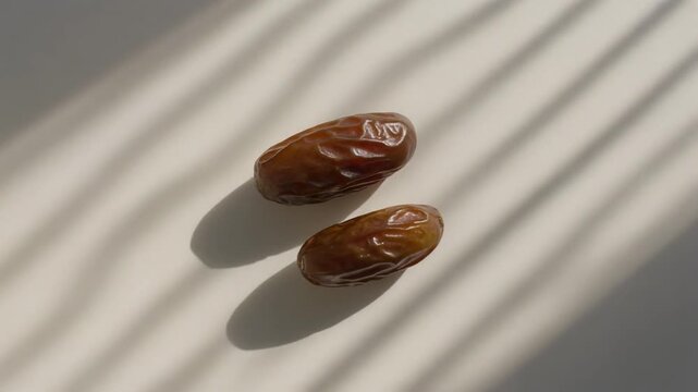 Two dates on a matte white surface with soft window blind shadows. Minimalist aesthetic for healthy snack content.