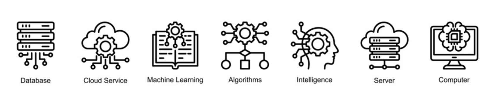 Data Intelligence web banner icon vector representing data processing, cloud systems, machine learning algorithms, and intelligent computing