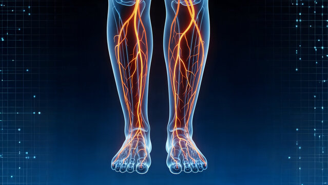Human Anatomy Legs with glowing orange varicose veins , x-ray 3d Medical illustration, blue background