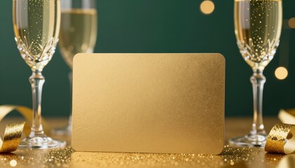 Elegant Gold Invitation Card Surrounded by Champagne Glasses and Sparkling Bokeh Background