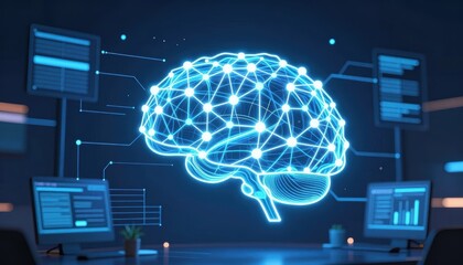 Digital Representation of a Connected Brain Illustrating Neural Networks and Technology in a Modern Workspace