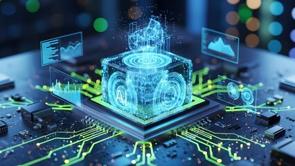 Futuristic AI microchip on a circuit board with glowing green lines and