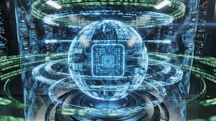 Futuristic digital globe with binary code and circuit board animation in server room - Powered by Adobe