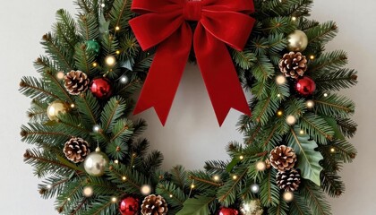 Festive Green Christmas Wreath with Red Bow and Pinecones Decorated for Holiday Celebrations