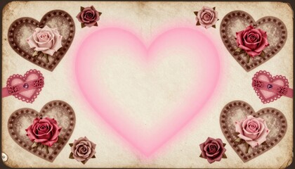 Vintage Floral Background with Pink Heart and Roses for Romantic Celebrations and Invitations