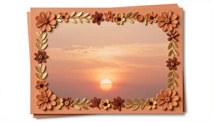 Aesthetic Framed Sunset Over Soft Clouds with Decorative Flowers and Leaves in Warm Colors