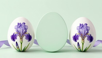 Decorative Easter Eggs with Purple Iris Flowers on Soft Green Background for Spring Celebration