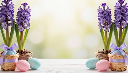 Spring Celebration with Purple Hyacinth Flowers and Colorful Easter Eggs in Decorative Baskets