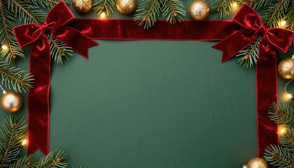Festive Green Background Framed with Red Ribbon and Christmas Ornaments for Holiday Decoration