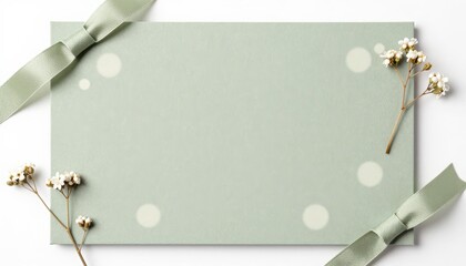 Elegant Blank Green Greeting Card Surrounded by Ribbons and Delicate Floral Accents