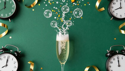 Champagne Bubbles Rising from Glass in a Celebration Setting with Clocks and Festive Decor