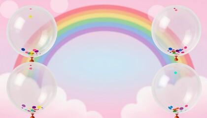 Colorful Balloons with Confetti Under a Rainbow on a Soft Pink Background