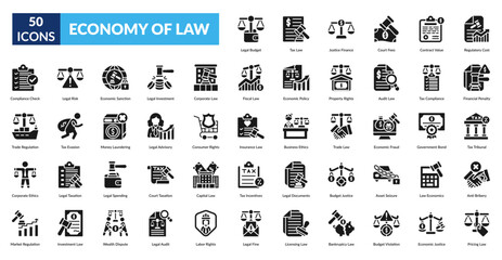 Economy Of Law Glyph Icon Set. Legal Budget, Tax Regulations, Justice Finance, Court Fees, Contract Valuation, Regulatory Expenses, Financial Penalties