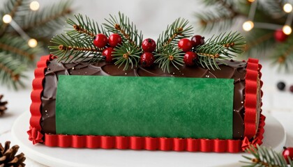 Chocolate Cake Decorated With Greenery and Red Ribbon for Festive Holiday Celebrations