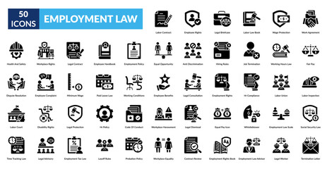 Employment Law Glyph Icon Set. Labor Contract, Employee Rights, Legal Briefcase, Labor Law Book, Wage Protection, Work Agreement, Fair Wage