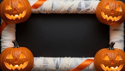 Halloween Decoration with Four Carved Pumpkins Framing a Blank Black Background for Creative Use